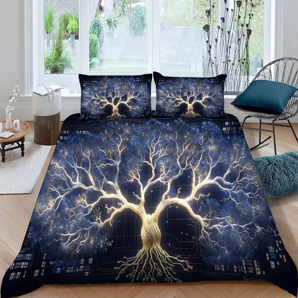 Housse De Couette 200x200 Cm Arbre De Vie - Microfibre Douce, 2 Taies 65x65 Cm - Déco Chambre Noire, Zip Et Sangles - 3