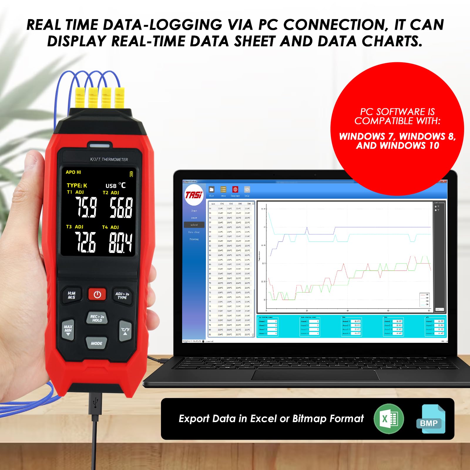 Termómetro digital de termopar de 4 canales tipo K/J, registrador de datos de temperatura con 5000 grupos de registros, alarma audible, apagado automático, rango de -200.0 °C a 1,371.7 °C, herramienta