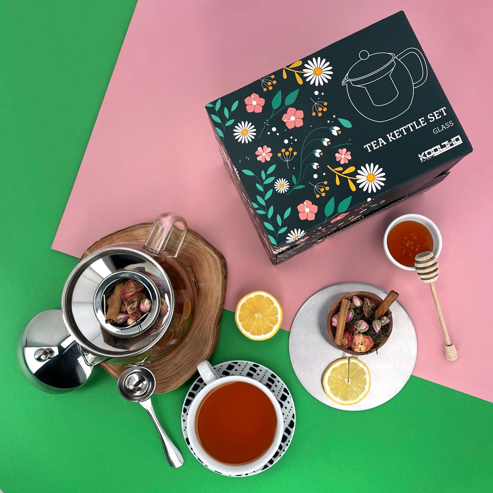 Tetera de Cristal con Filtro, Teteras para Té Individual 1 L con Filtro Acero Inoxidable, Cucharilla Te, Posavasos Grande de Metal y Caja de Regalo, Regalos para un Entusiasta del Té Hombre o Mujer