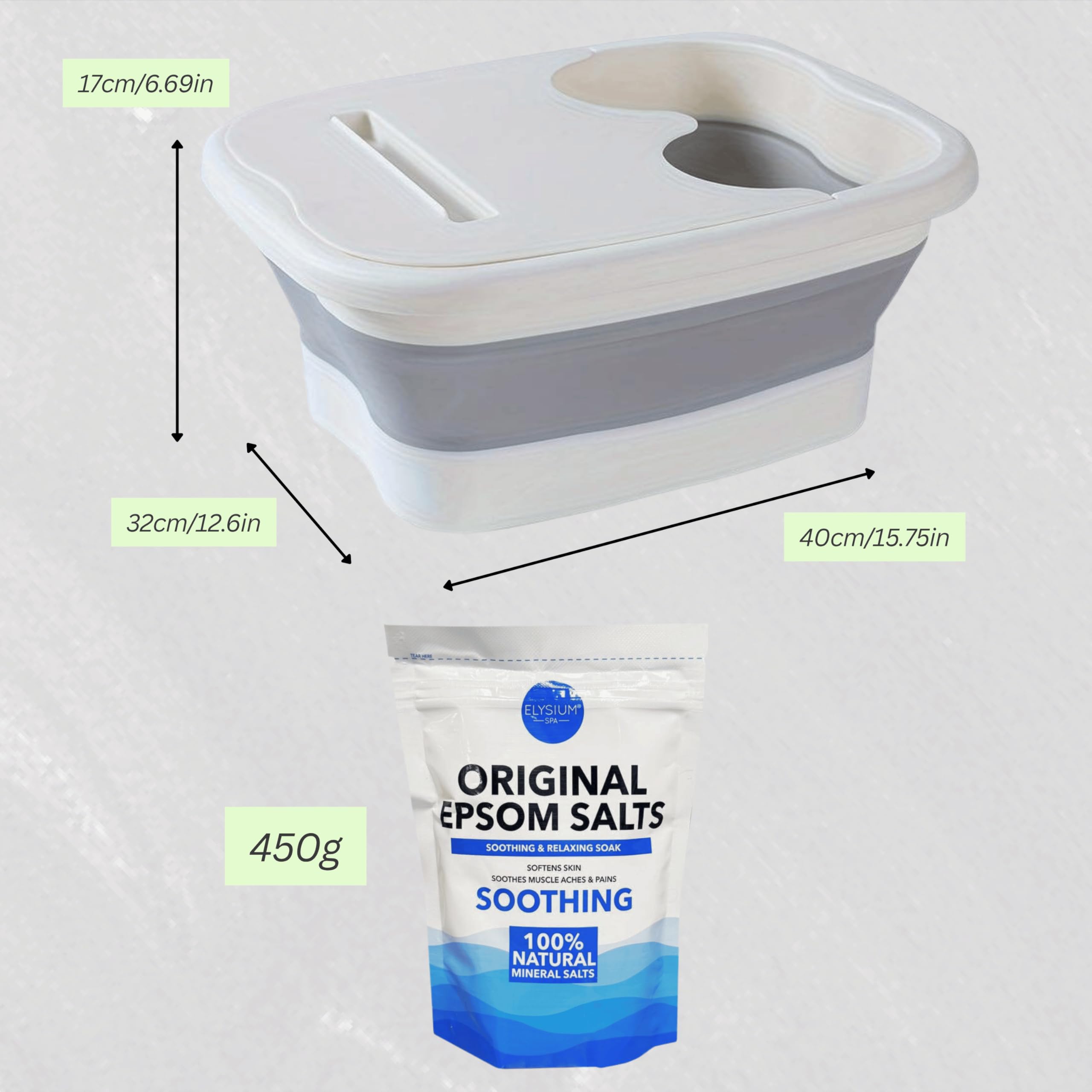 Kit de trempage et de massage des pieds – Baignoire pliable pour les pieds, bassin de massage portable et sels d'Epsom frais originaux (450 g)