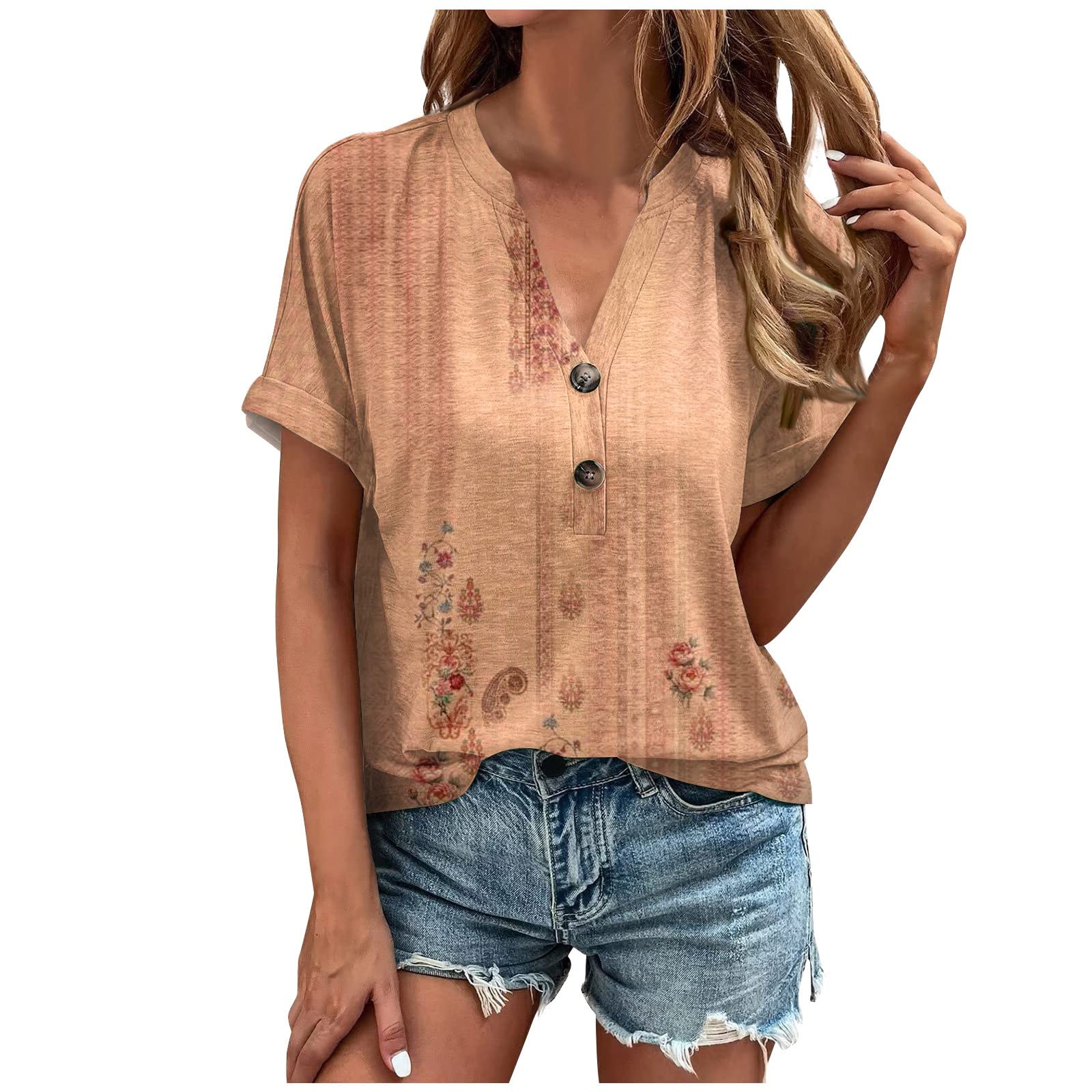 HTHLVMD Women's Casual Short Sleeve T Shirts Summer Button V Neck Tops Loose Fit Tee Shirt Blouse