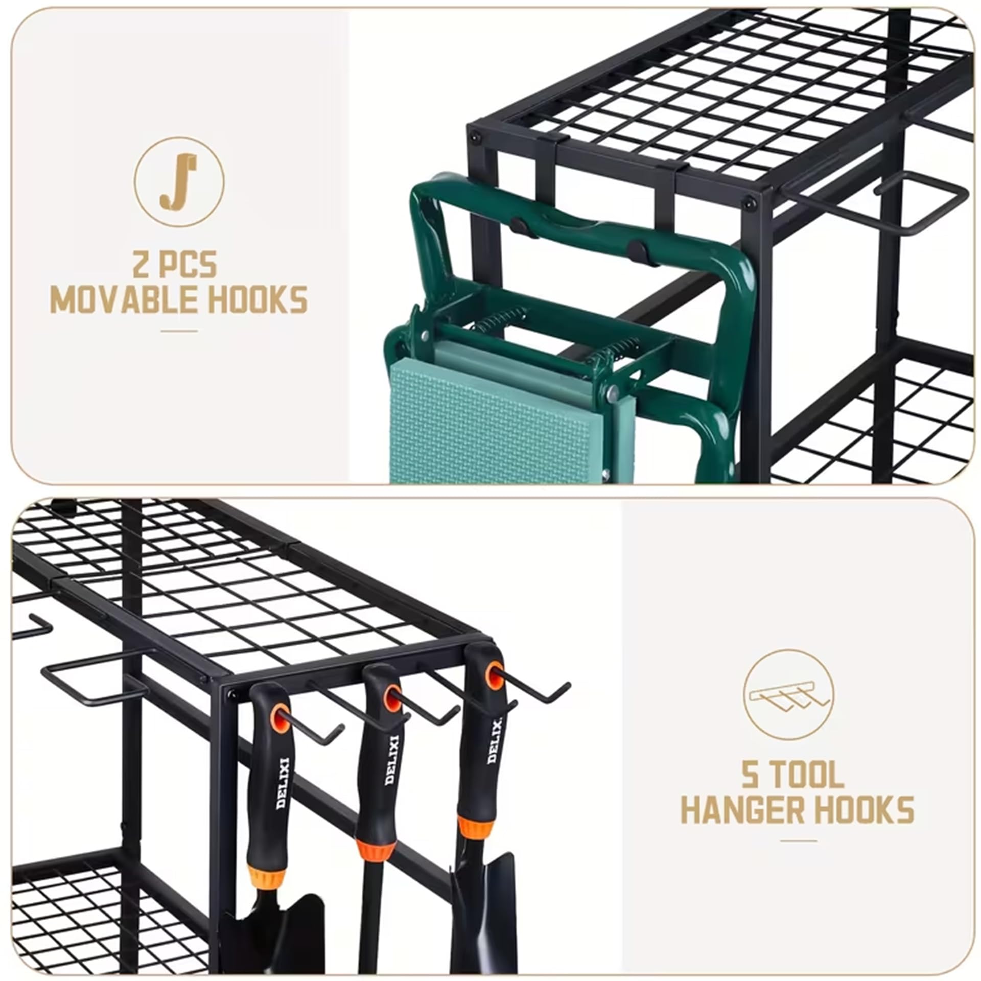 Organizador de herramientas de jardín con 74 ranuras, soporte de metal para herramientas con ganchos | Almacenamiento de garaje resistente para pared y cobertizo, ideal para dispositivos de mango largo, escobas, rastrillos