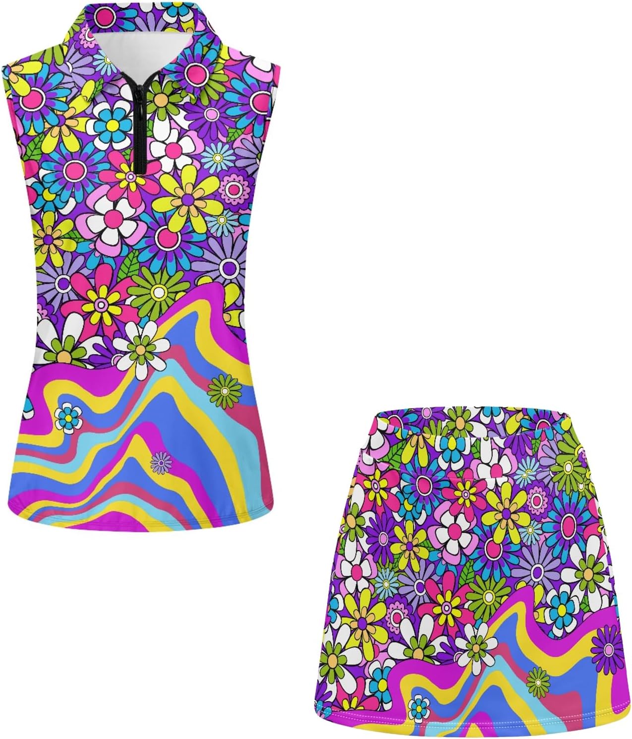 POLERO Hippie Women's Golf Shirt Bundle with 70s Golf Skort 2 Piece, Sleeveless Collared Racerback Athletic Top, Floral Tennis Skirt with Shorts Pocket
