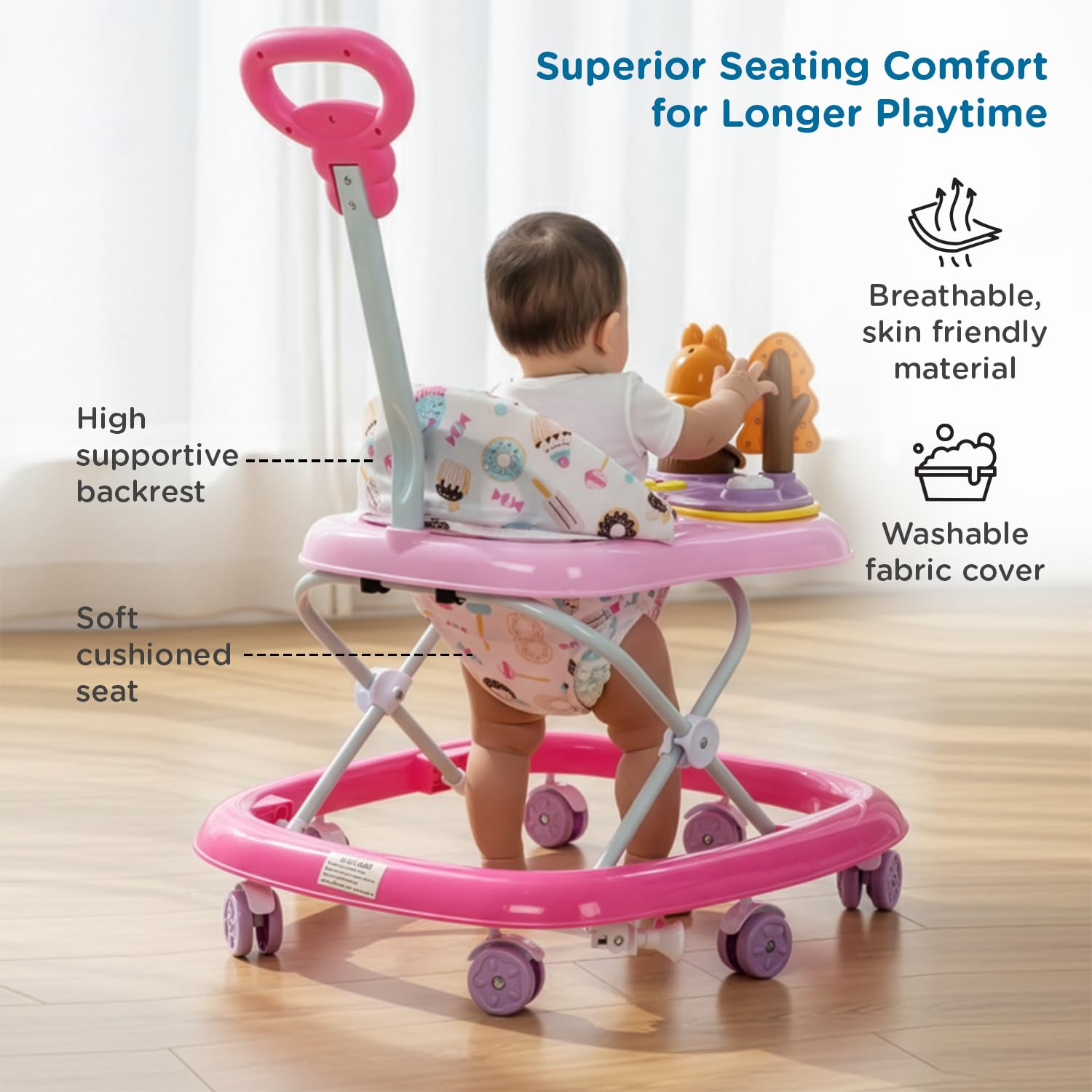 Mee Mee Rabbit Baby Activity Walker with Musical Toy & Feeding Tray | 3 Height Adjustable | Safety Stopper & Lights | Foldable Walker for 6β24 Months | Up to 15 kg | Pink 4