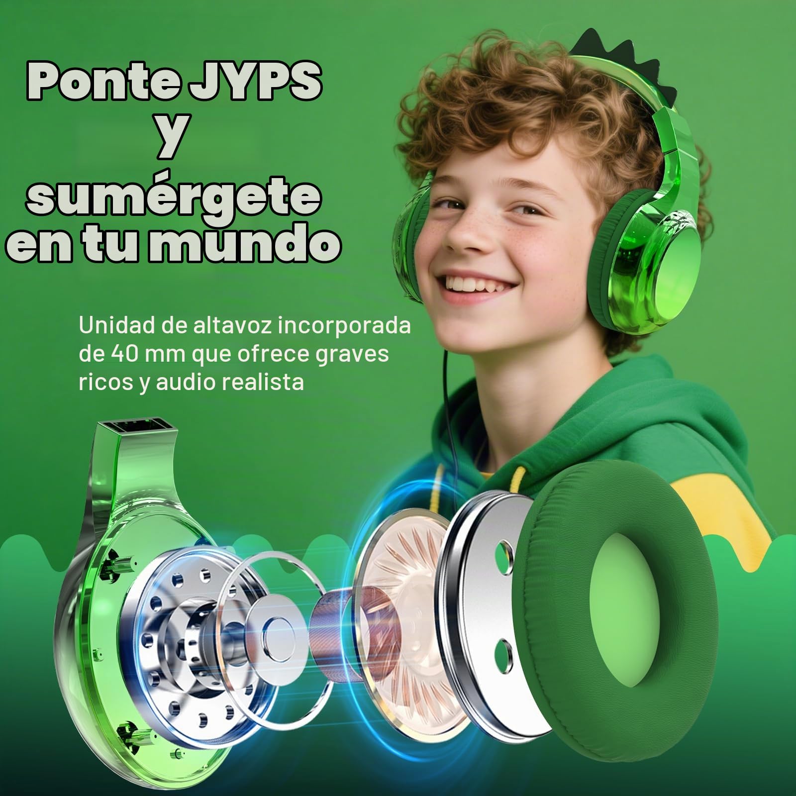 JYPS Auriculares Niños, Metálico Cascos Inalámbricos Bluetooth Niña, 40h Tiempo de Reproducción, 74/85/94dB Limitador Volumen, Bluetooth5.3, Auriculares Infantiles para iPad/Tablet (dinosaurio, verde)