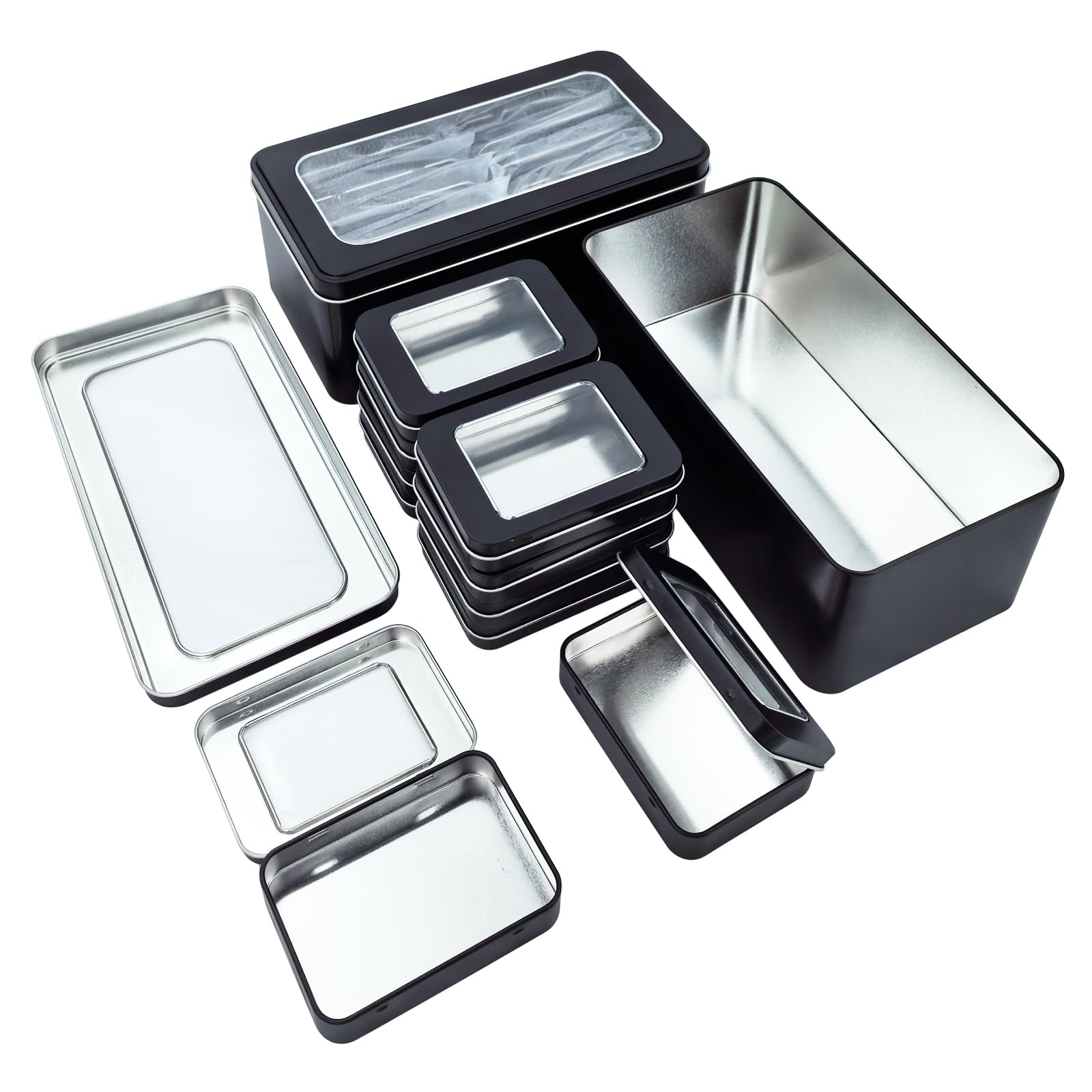 Thintinick 22 Pieces Mixed Sizes Rectangular Metal Empty Tins Containers Basic Necessities Home Storage Organizer Mini Box Set (Black)