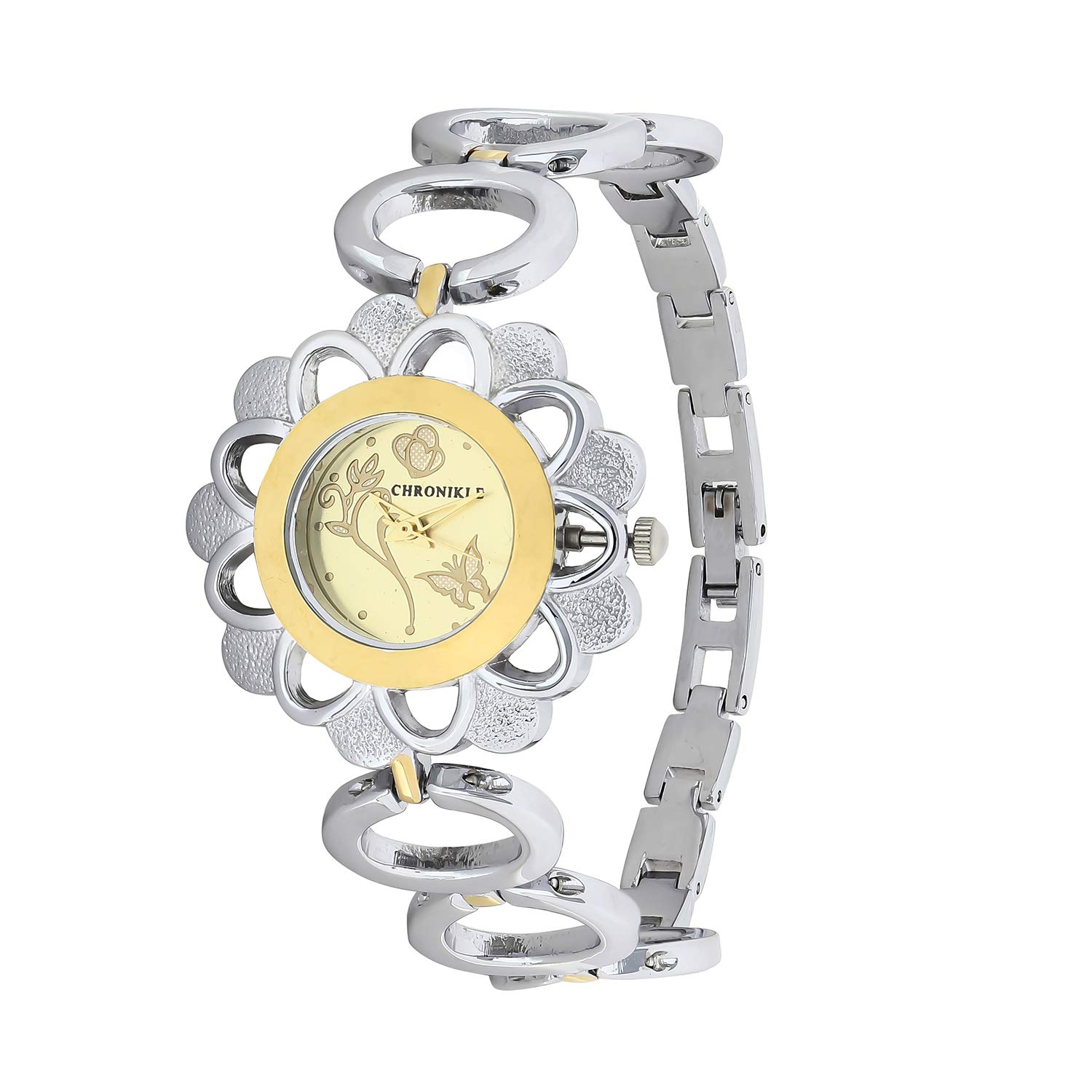 CHRONIKLE Unique Womens Metal Chain Wrist Watch with Designer Dial (Dial Color: Golden | Band Color: Silver) (B07MCLJ46J) Amazon Price History, Amazon Price Tracker