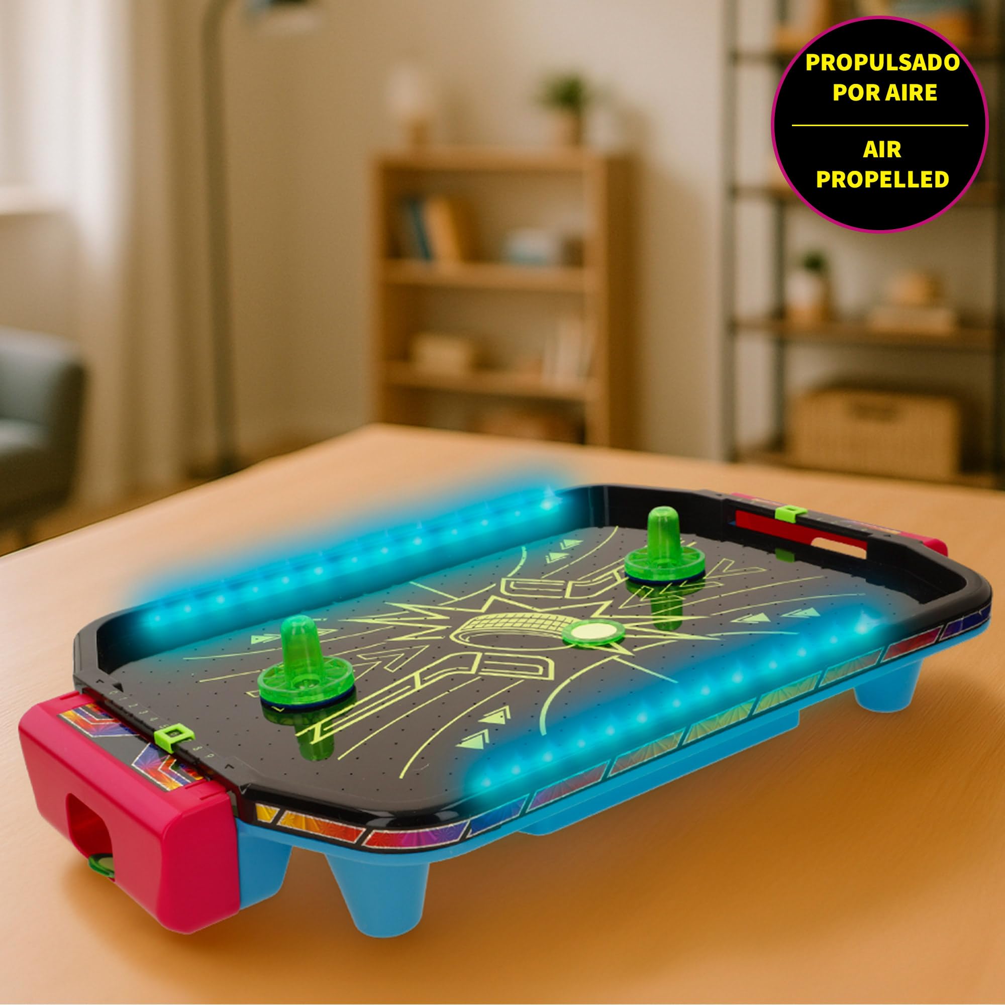 ColorBaby CB Games Air Hockey Neon da tavolo, struttura 40 cm, plastica resistente, 2 pale, 2 dischi, 2 giocatori, giochi da tavolo, giocattoli per bambini, divertimento in famiglia, +6 anni (39515)
