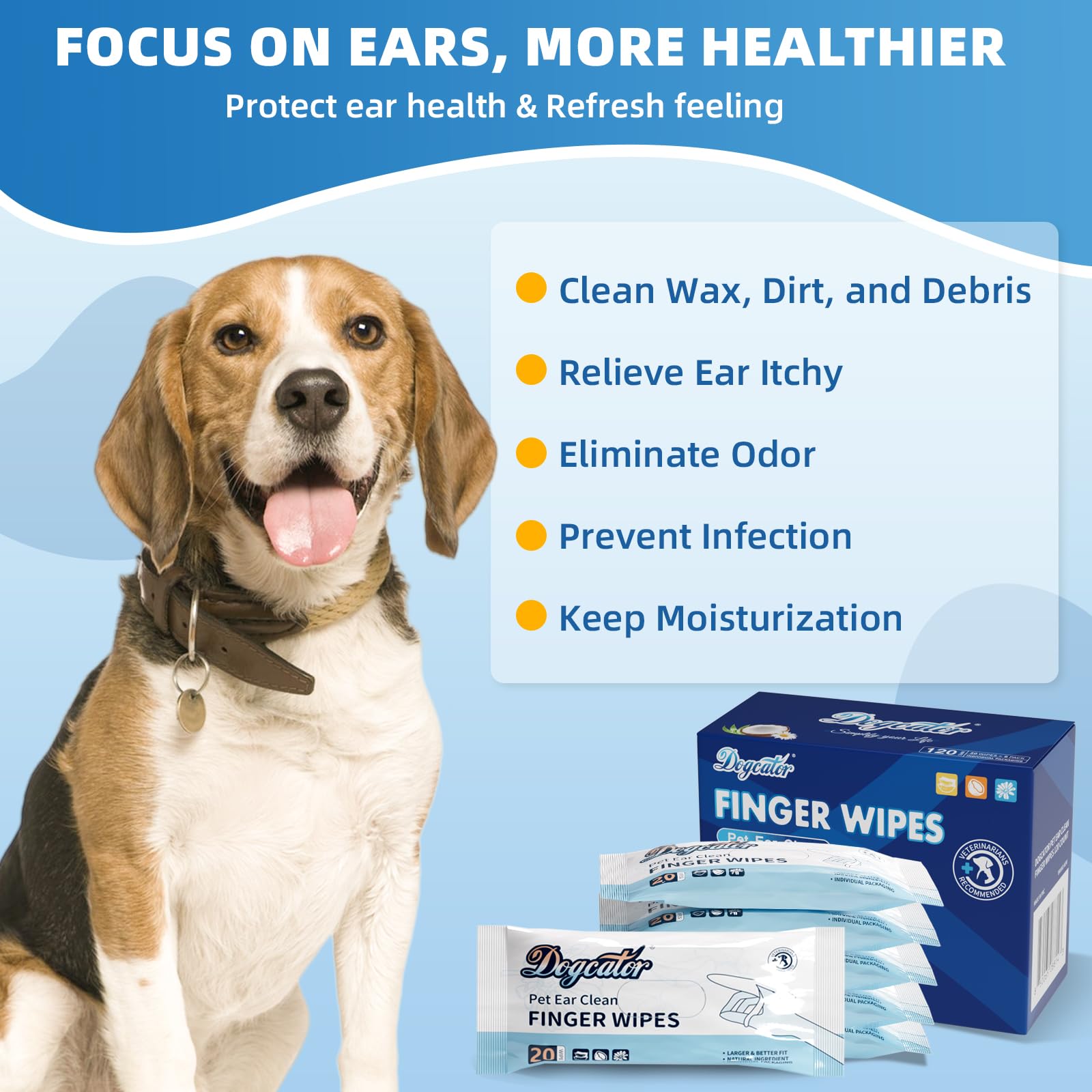 Dog Finger Wipes, 120 Count Ear Cleaner for Dogs Cats Bathing Wipes, Pet Dental Clean Finger Wipes, Natural Puppy Eye Wipes | Soothes Itchy Dry Skin, Coconut Scent Dog Ear Infection Treatment - image 2