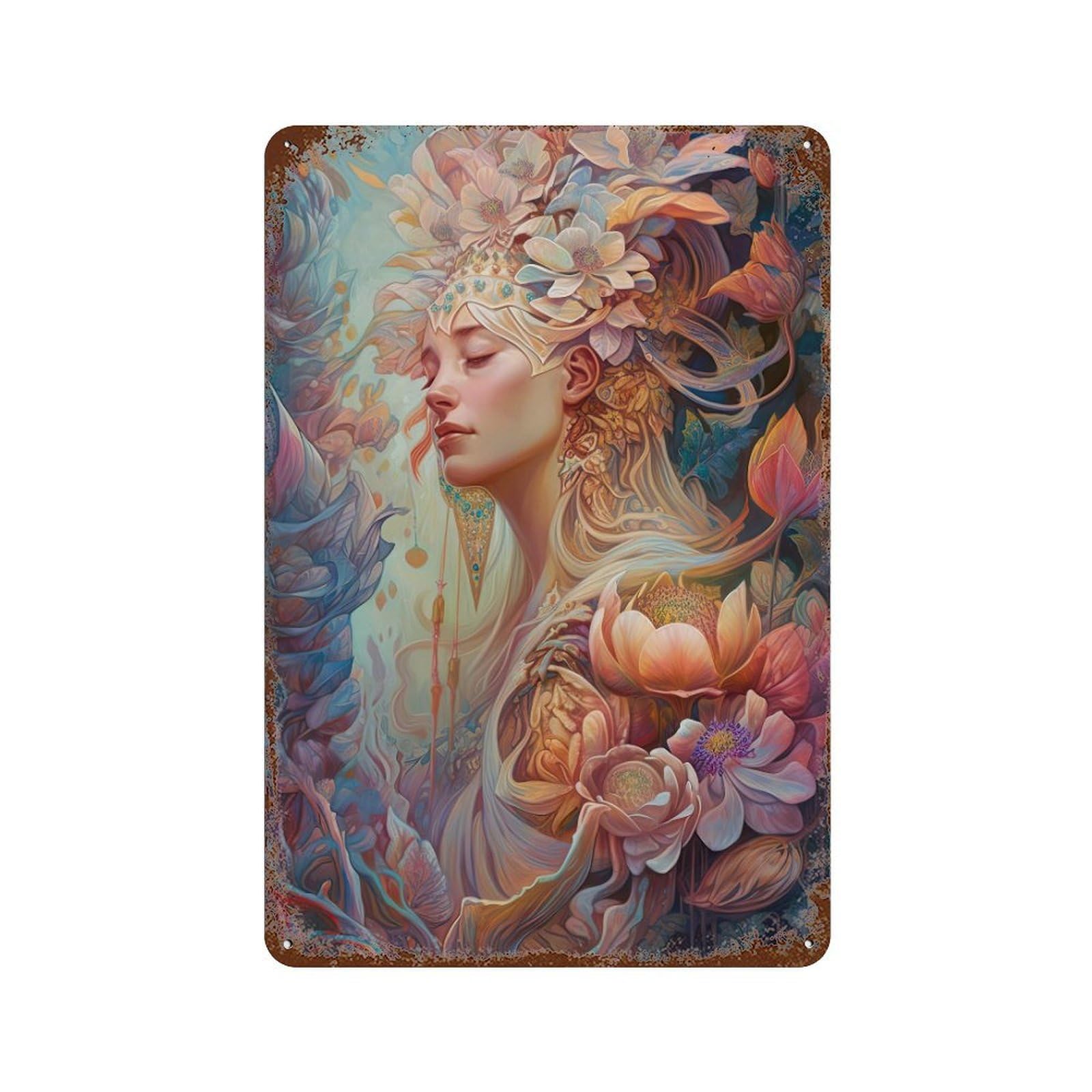 Retro Metal Sign with Fantasy Floral Goddess Artwork Design 11.8"x7.9", for Shed, Workshop And Garage Wall Decor, Old School Wall Decor