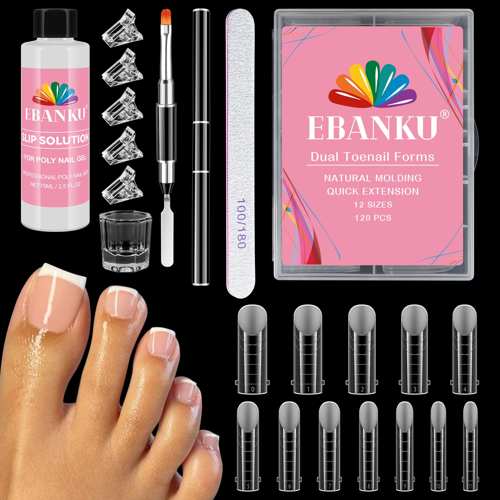 EBANKU Kit da 120 Cartine per Unghie in Polygel, Cartine Doppie Lunghe Quadrate per Extension Pedicure in Polygel, Stampo Riutilizzabile per Tip Unghie dei Piedi con Soluzione Slip da 75 ml, 12 Misure