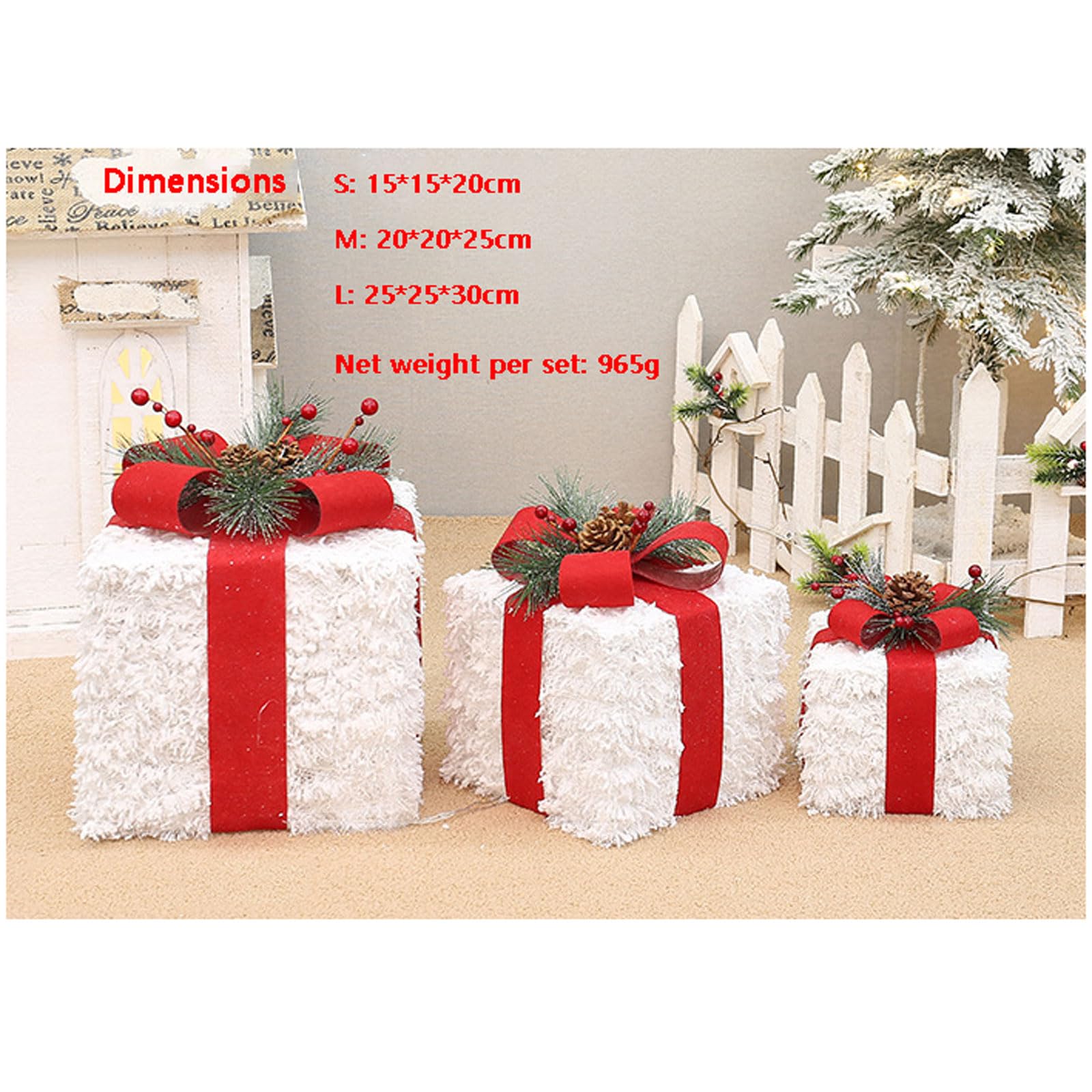 Juego de 3 Cajas de Regalo Iluminadas de Navidad,Decoración de Caja de Nochebuena,Iluminaciones de Navidad,Blanco Cálido Decorado con un lazo,agujas de pino y frutos rojos,para Hogar Jardín Fiesta