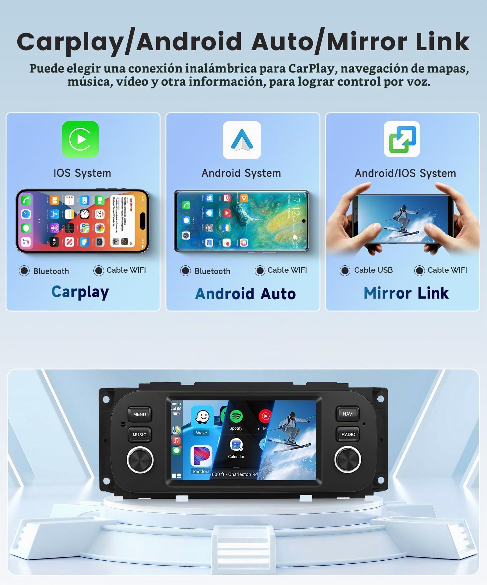 64G Wireless Carplay Android Radio de Coche para Jeep Grand Cherokee Wrangler Liberty Chrysler Grand Voyager 300M PT Cruiser RAM 1500 2500 5 Pulgadas Radio Android Auto Navi GPS WiFi Bluetooth FM/RDS