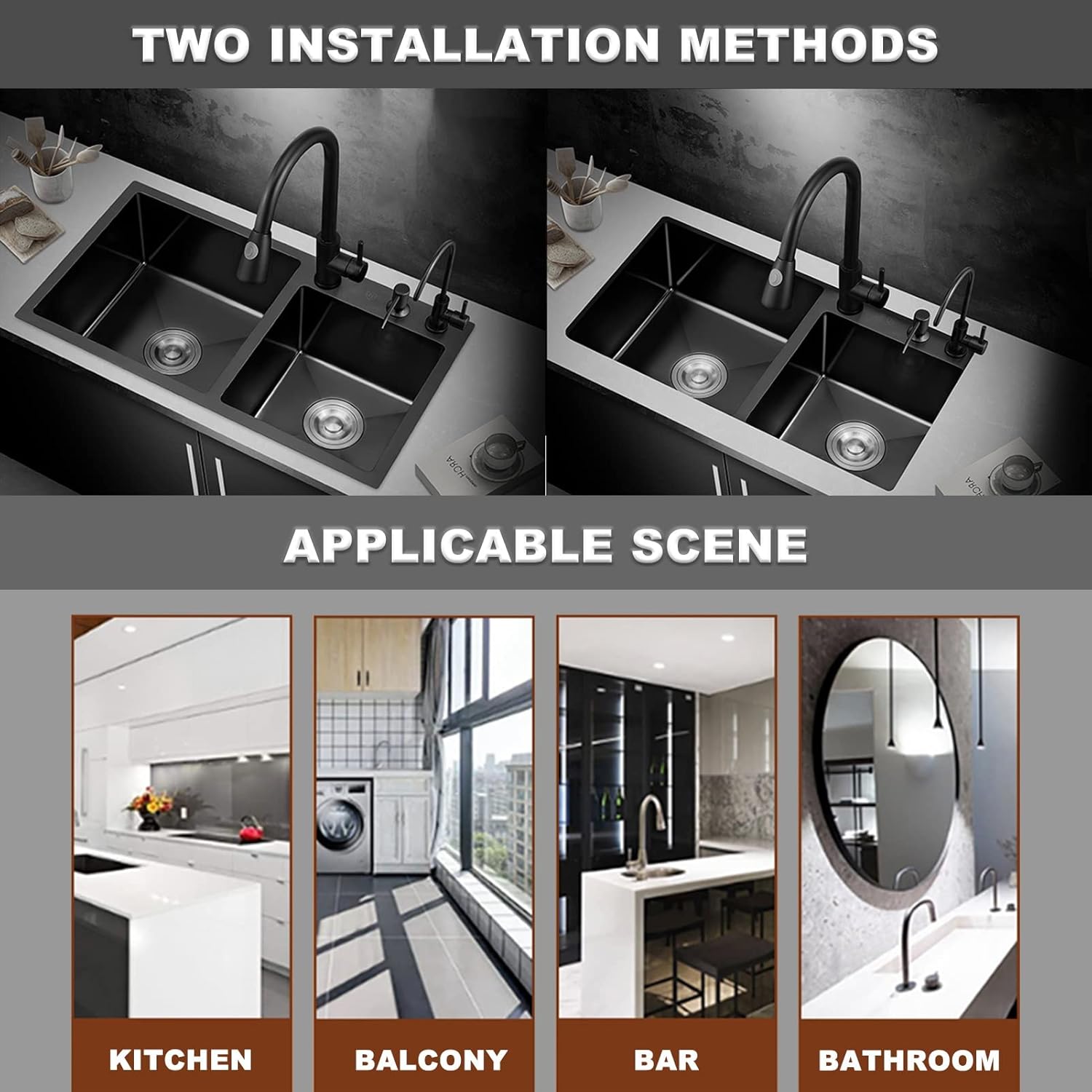 Black Nano Double Bowl Kitchen Sink 304 Stainless Steel Bar Sink Square RV Sink with Faucet & Drain Top Mount Or Undermount (Color : Black-d, Size : 78x43x22cm)