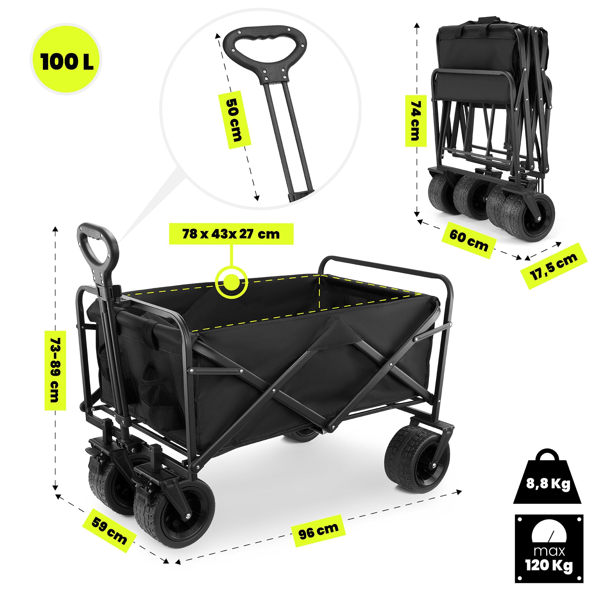 Hypermotion Carrello Spiaggia Pieghevole 100l, Carrellino con Ruote Grandi Girevoli a 360°, Carrello da Giardino 120 kg, Chiusura rapida, Carretto Spiaggia, Resistente agli Agenti Atmosferici