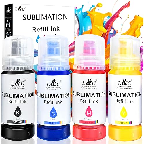 Sublimation Ink for Epson ET2400 ET2720 ET4800 ET-2803 ET-2800 ET-2840 ET-4700 ET-2760 ET-2750 ET-2850 ET-15000 Inkjet Printers Sublimation Ink Refilled Bottles for Heat Transfer Mug T Shirts