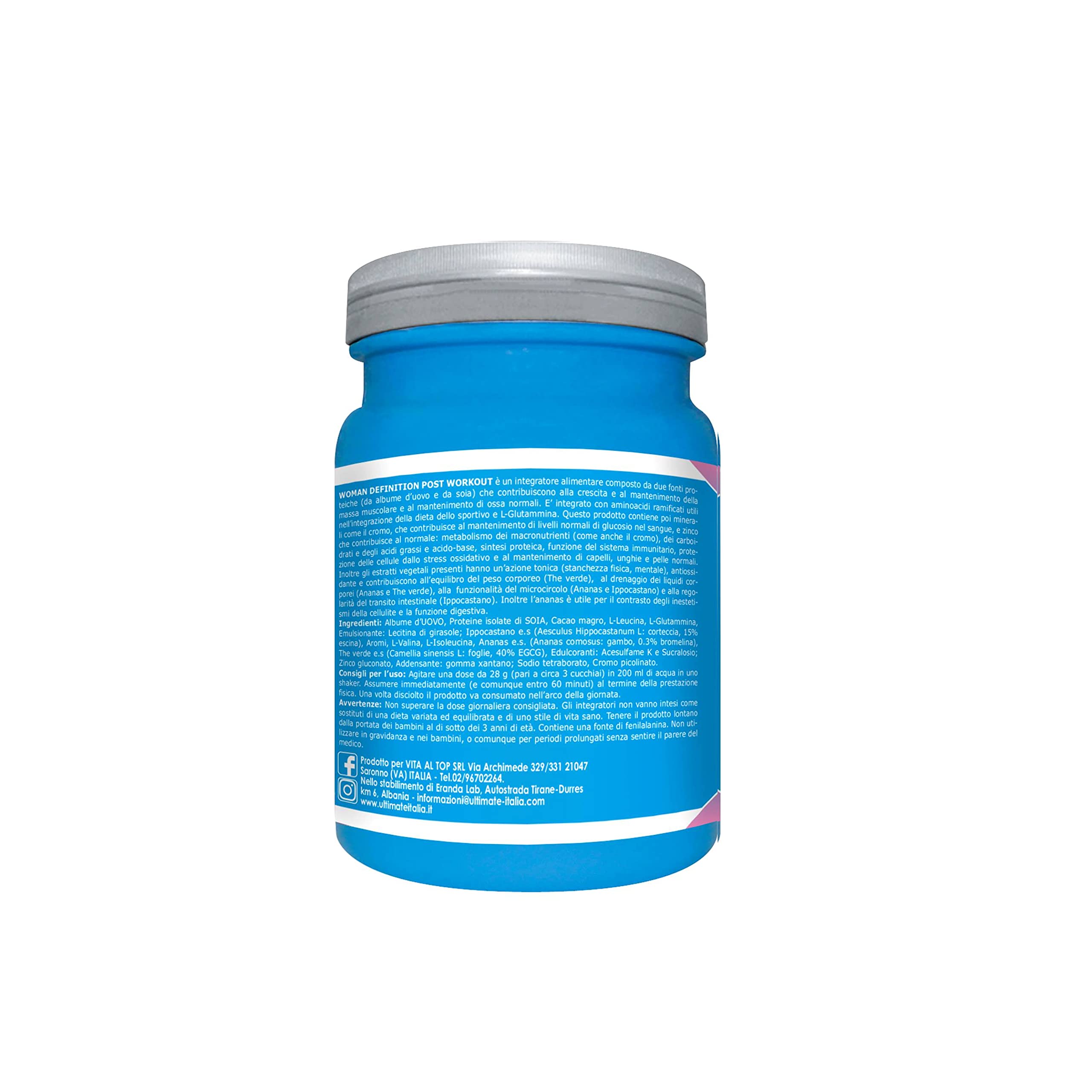 Ultimate Italia - Woman Definition Post Workout - 280g - gusto cacao - integratore per il recupero post allenamento con proteine, aminoacidi, minerali ed estratti vegetali, senza glutine