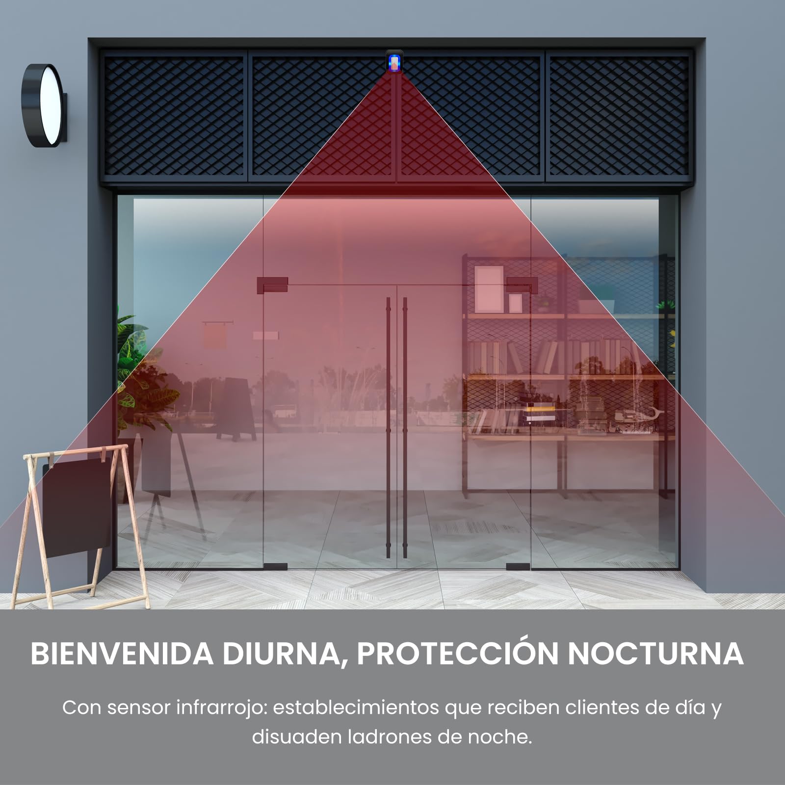 PHYSEN Sensor de Movimiento Inalámbrico con Alarma Sonora, Avisador Puerta Tienda Sensor Movimiento,Timbre Inalámbrico, 58 Tonos + 5 Volúmenes, para Entrada/Hogar/Tienda/Oficina