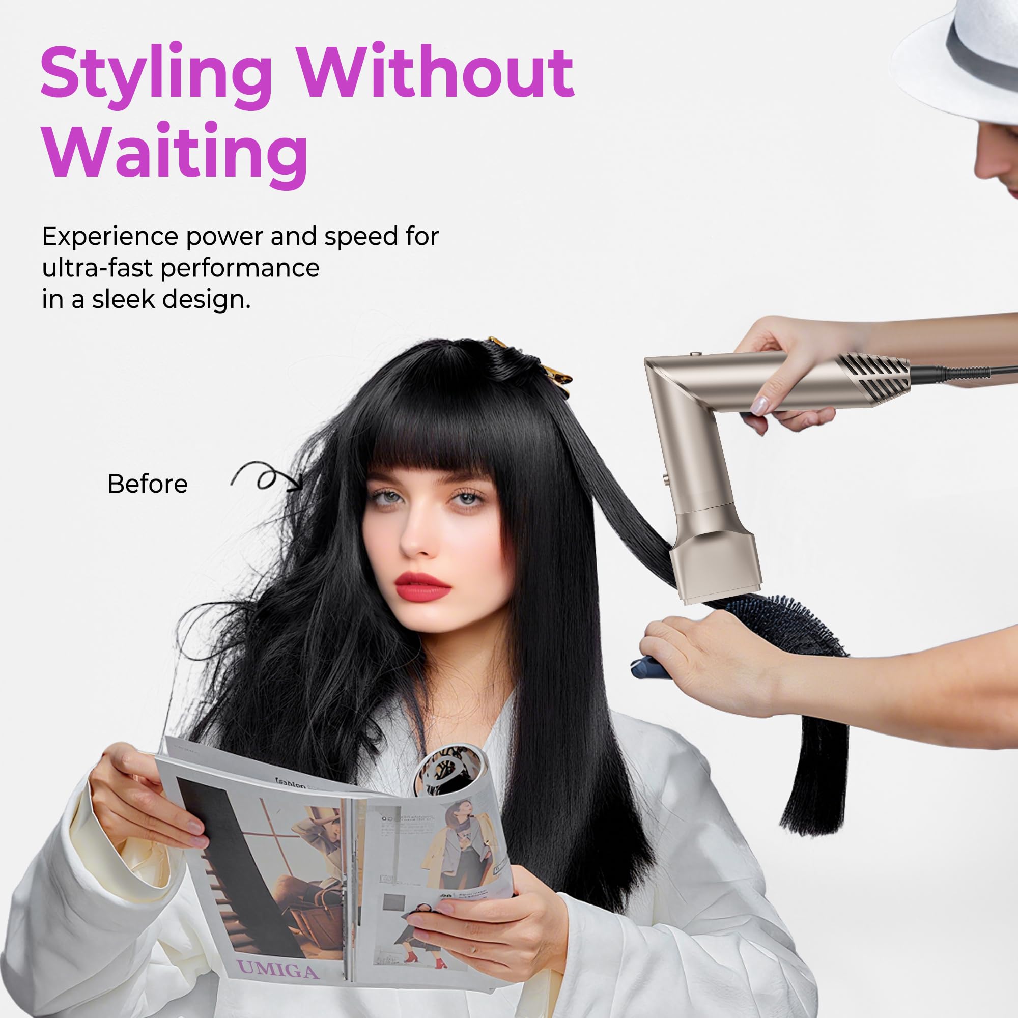 6 en 1 Hairstyler Cepillo de Aire Airstyler Secador Pelo con Difusor Moldeador Pelo con 6 Accesorios para el Peinado Cepillo Alisador Pelo Rizador Pelo Ondas Caja Regalos para Mujer, Oro-platino