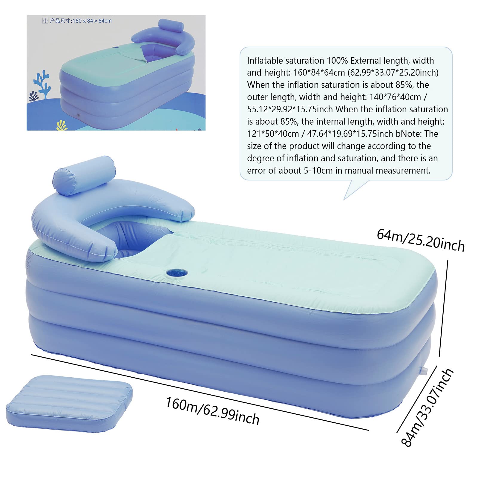 Baignoire gonflable Lightakai - Baignoire en PVC gonflable portable et pliable avec coussin et tuyau de vidange (sans pompe) pour piscine à domicile et salle de bain, Bleu