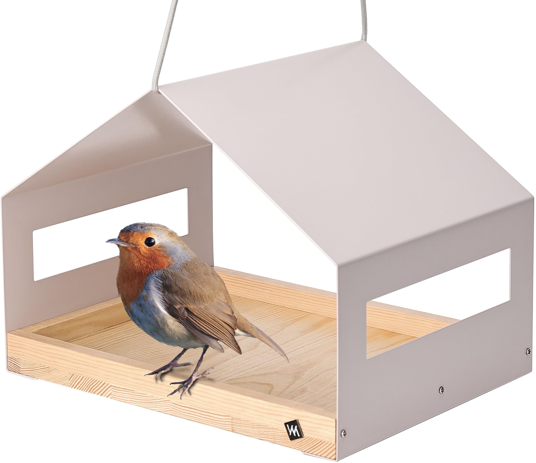 Großes Design Vogelhaus aus Metall und Holz wetterfest zum Aufhängen, modernes Vogelfutterhaus XL Metalldach hängend, Vogelhäuschen Futterhaus für Vögel, Edelstahl Kiefer, grau-beige