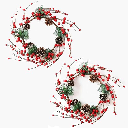 Corona de Navidad artificial de 12 pulgadas, hecha a mano de ratán para colgar en la puerta de Navidad con bayas rojas, conos de pino para