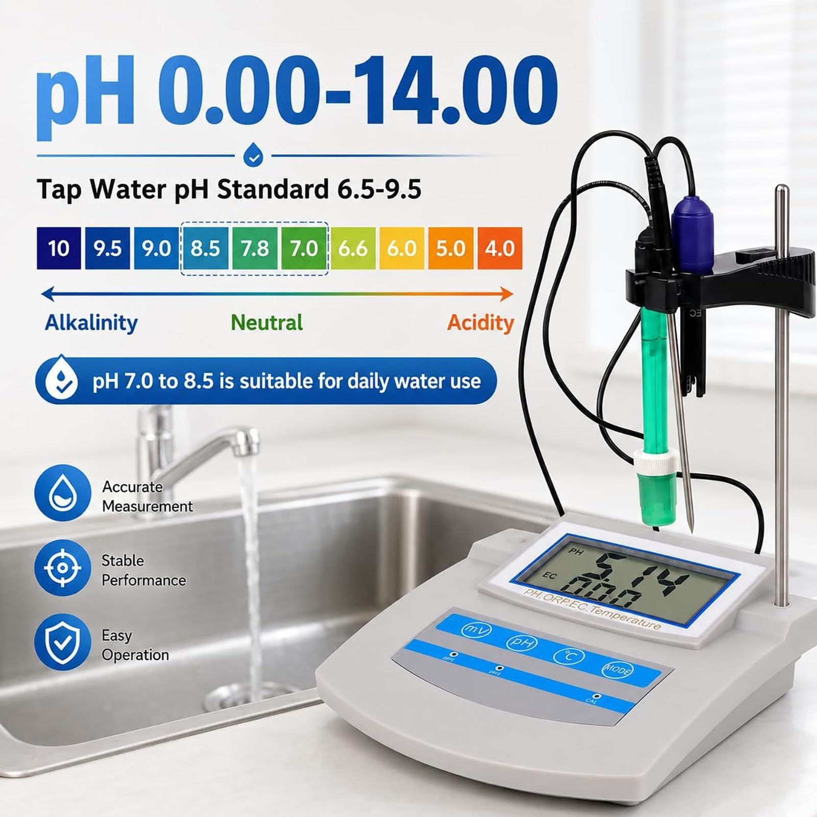 Kit de pH-mètre de paillasse 6-en-1 avec affichage numérique – Testeur de qualité de l'eau (pH, EC, ORP, TDS, CF, Temp.) avec compensation automatique de température (ATC) – Idéal pour laboratoires