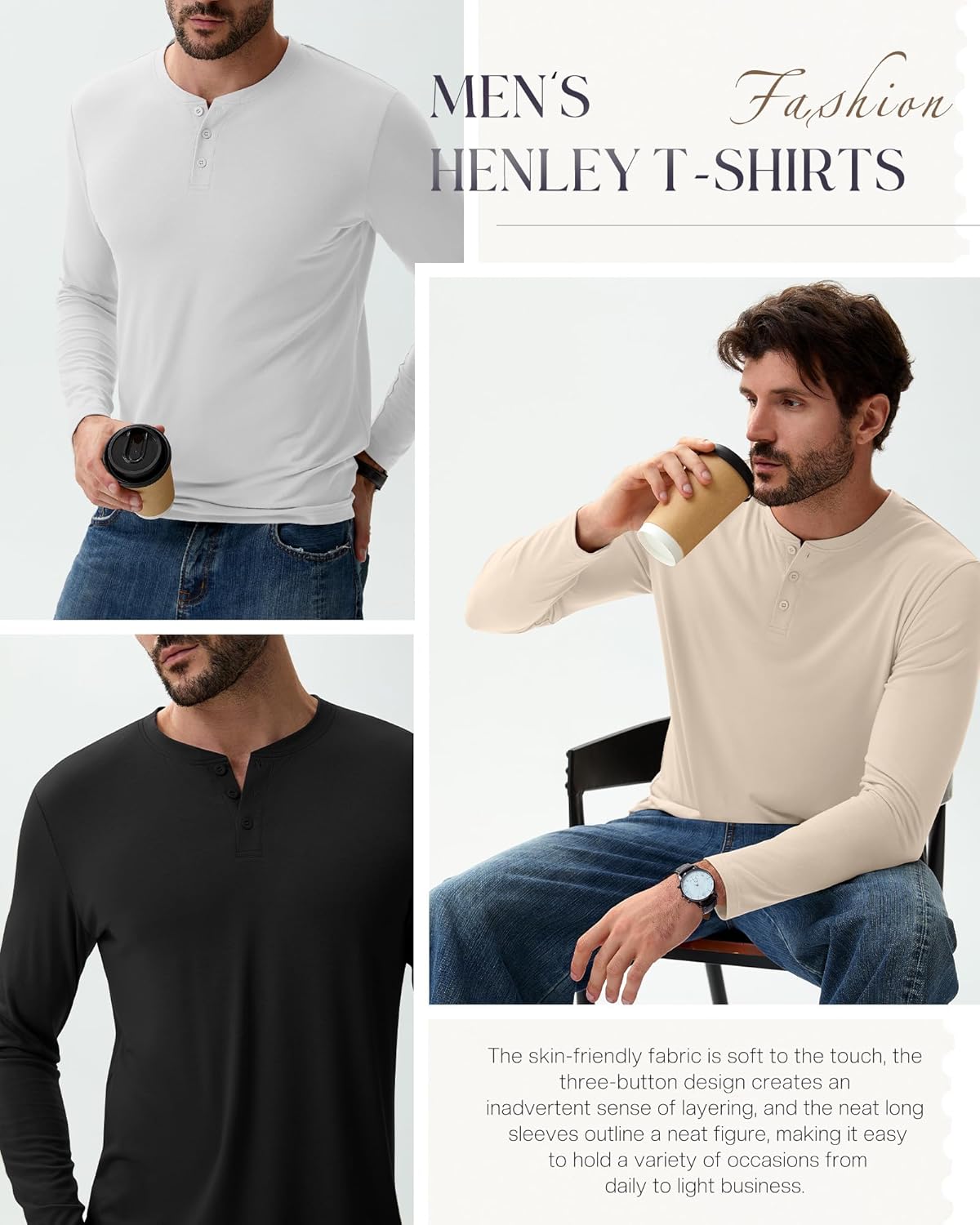 Ficerd 3 Pack Men's Big and Tall Henley T-Shirts Long Sleeve Plus Size Cotton Blend Tee Loose Fit Casual Fall Basic Tops - Image 6