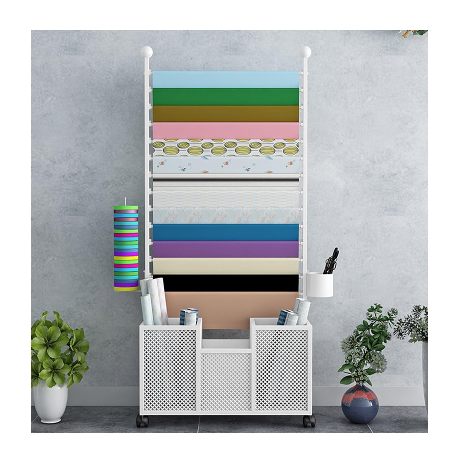 Organizador de cinta de metal para manualidades con soporte de exhibición de bufandas móvil, estante grande de papel de regalo para tienda de flores, tienda minorista, rueda universal blanca (80 x 27