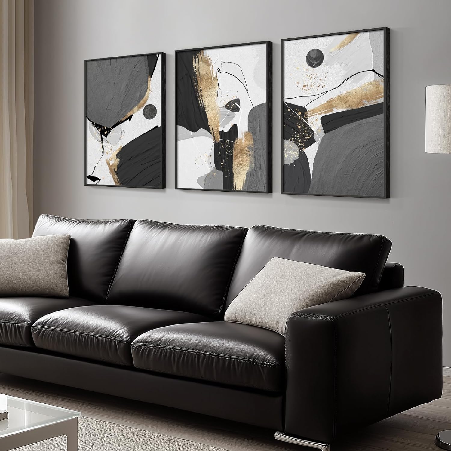 Framed Black and White Beige Abstract Wall Art for Living Room, Large 3 Piece Neutral Minimalist Canvas Artworks, Modern Wabi Sabi Painting Prints for Dining Room Hallway Office Wall Decor, 24x36 Inch
