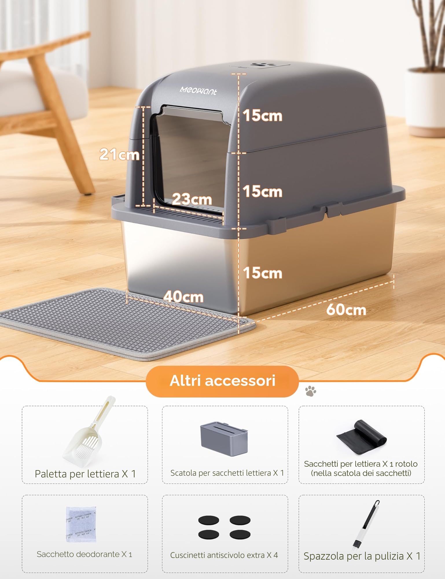 Meowant Lettiera Gatto in Acciaio Inox, Lettiere XXL, Nascosta Design Chiuso, Toilette Grande per Gatti di Grossa Taglia, Antiaderente, a Prova di Perdite, Staccabile e Facile da Pulire, Grigio