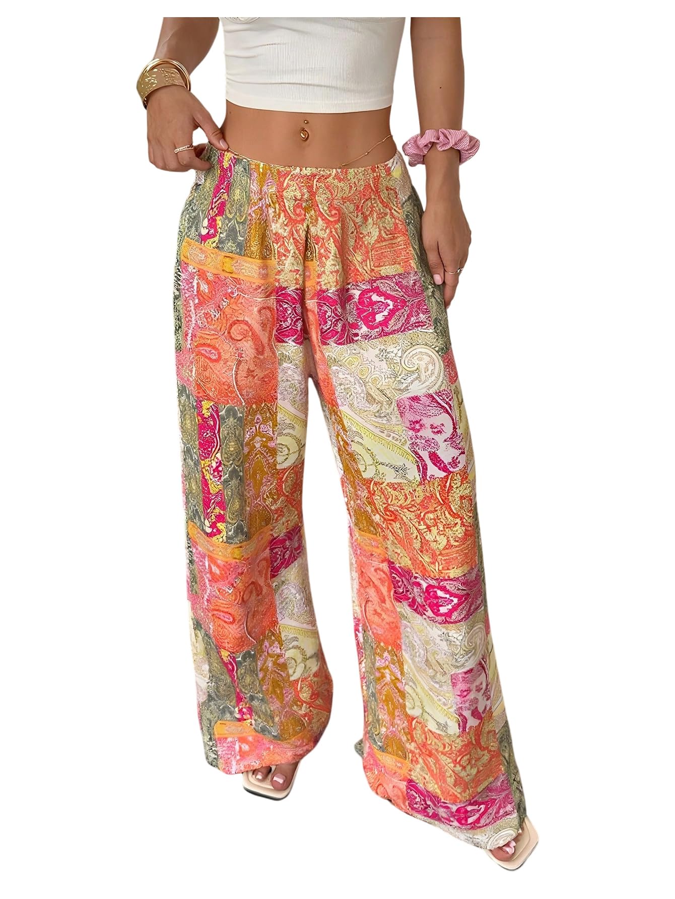 GORGLITTER Womens Wide Leg Boho Patchwork Pants High Waisted Paisley Flowy Palazzo Trousers Fall Vacation Outfits