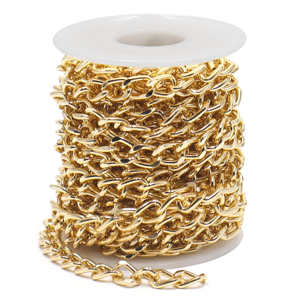 5m Rouleau Chainette pour Bijou Rouleau Aluminium Chaines pour Bracelet à Bricoler Soi Même Collier Fabrication de Bijoux,6.5×10mm(Doré)