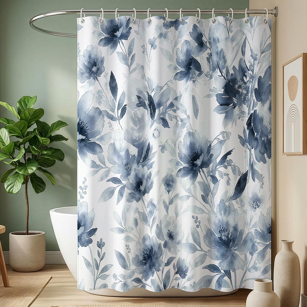 Zafyygh Colorful Navy Blue Watercolor Floral Shower Curtain, 72X72 Inch Elegant Indigo Bloom Fabric, Classic Modern Farmhouse Bathroom Decor