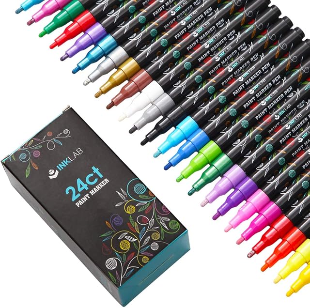 Acrylic Paint Pens 24 Colors Permanent Marker Pens Quick Dry for Rock Wood Metal Glass Canvas Ceramic DIY Crafts, Water Based Ink & Medium Tip