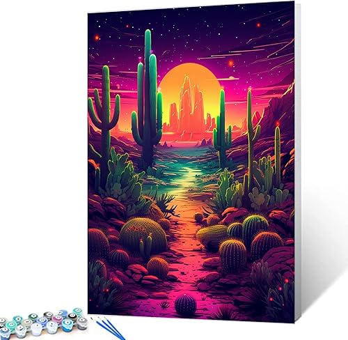 Tucocoo Kits de pintura de cactus por números con pinceles y pigmento acrílico sobre lienzo para adultos, paisaje del desierto, colorido estilo