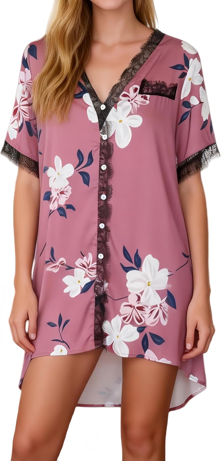 Pink Daisy Boutique Women’s Satin Sexy Lace Trim Nightshirt Sleep V Neck Pajama Button Front Shirt Nightgown