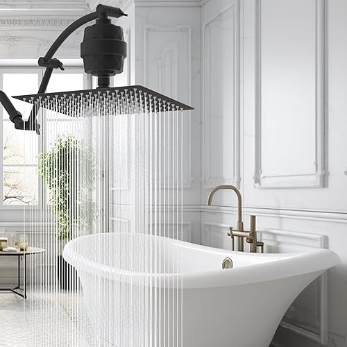Miniatura 9 de Hibbent Alcachofa de ducha filtrada de metal, regadera de lluvia de alta presión de 12 pulgadas con brazo de extensión de ducha de 16 pulgadas,