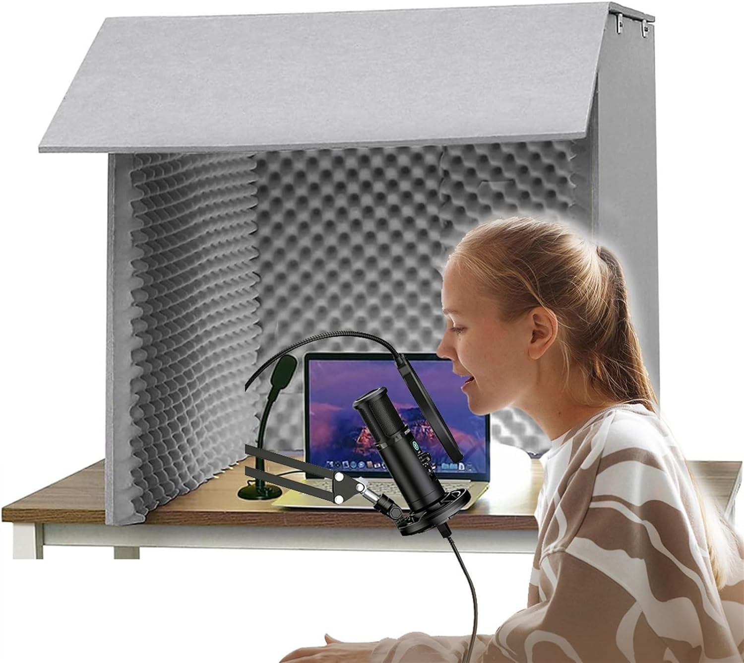 ININOSNP Microphone Isolation Booth Cube, 80 * 80cm Portable Vocal Recording Booth, Desktop Soundproof Cover, For Home Studio, Music Recording, Podcasting, Acoustical Treatments(Gris)
