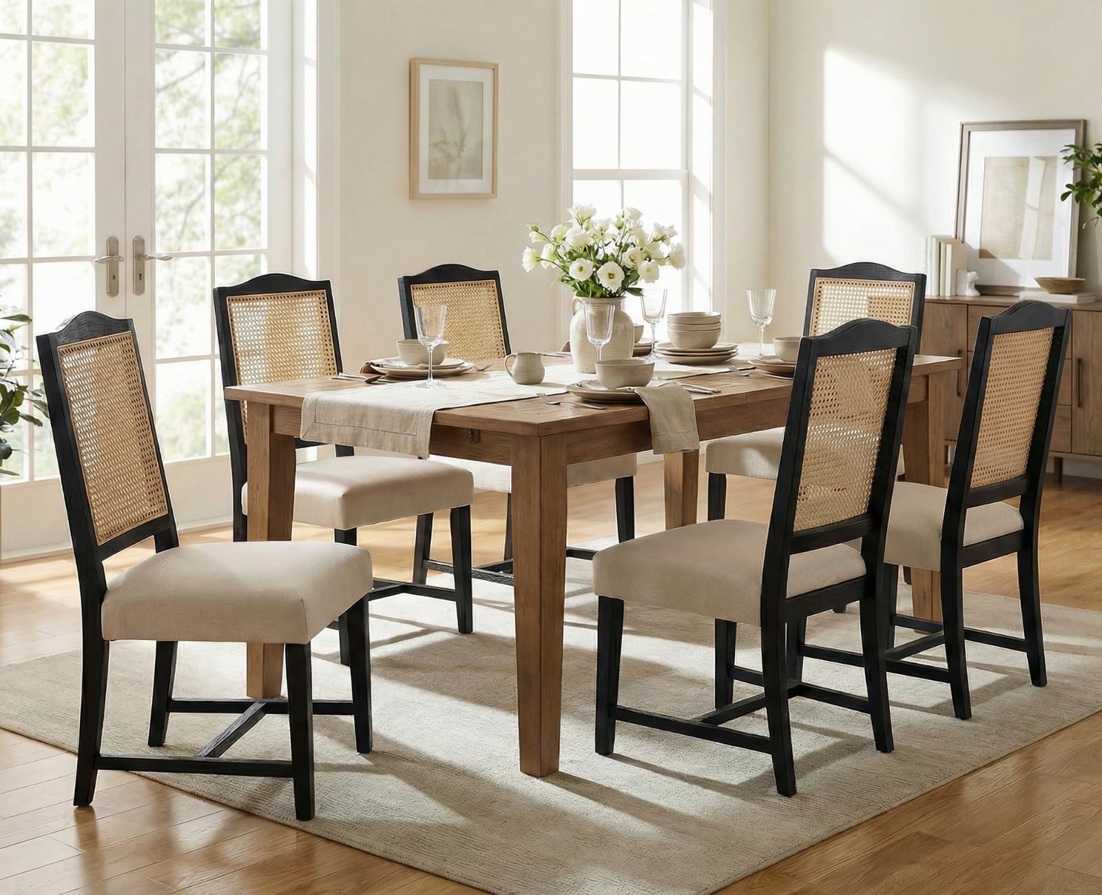 CIMOTA Mid Century Modern Rattan Dining Chairs Set of 6, Upholstered Farmhouse Dining Room Chairs Comfortable Black Wooden Kitchen Chairs with High