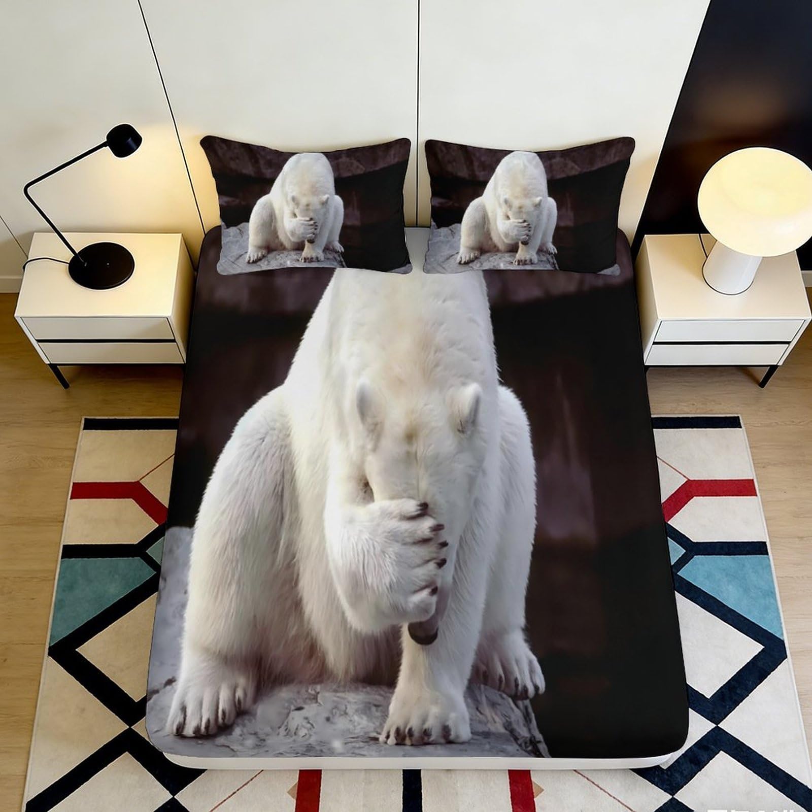 3D Printed Polar Bear Fitted Sheet Microfiber Soft Breathable Arctic Animal Bed Cover for Bedroom Dormitory Guest Room Mattress Protection Decor 200x200x25cm