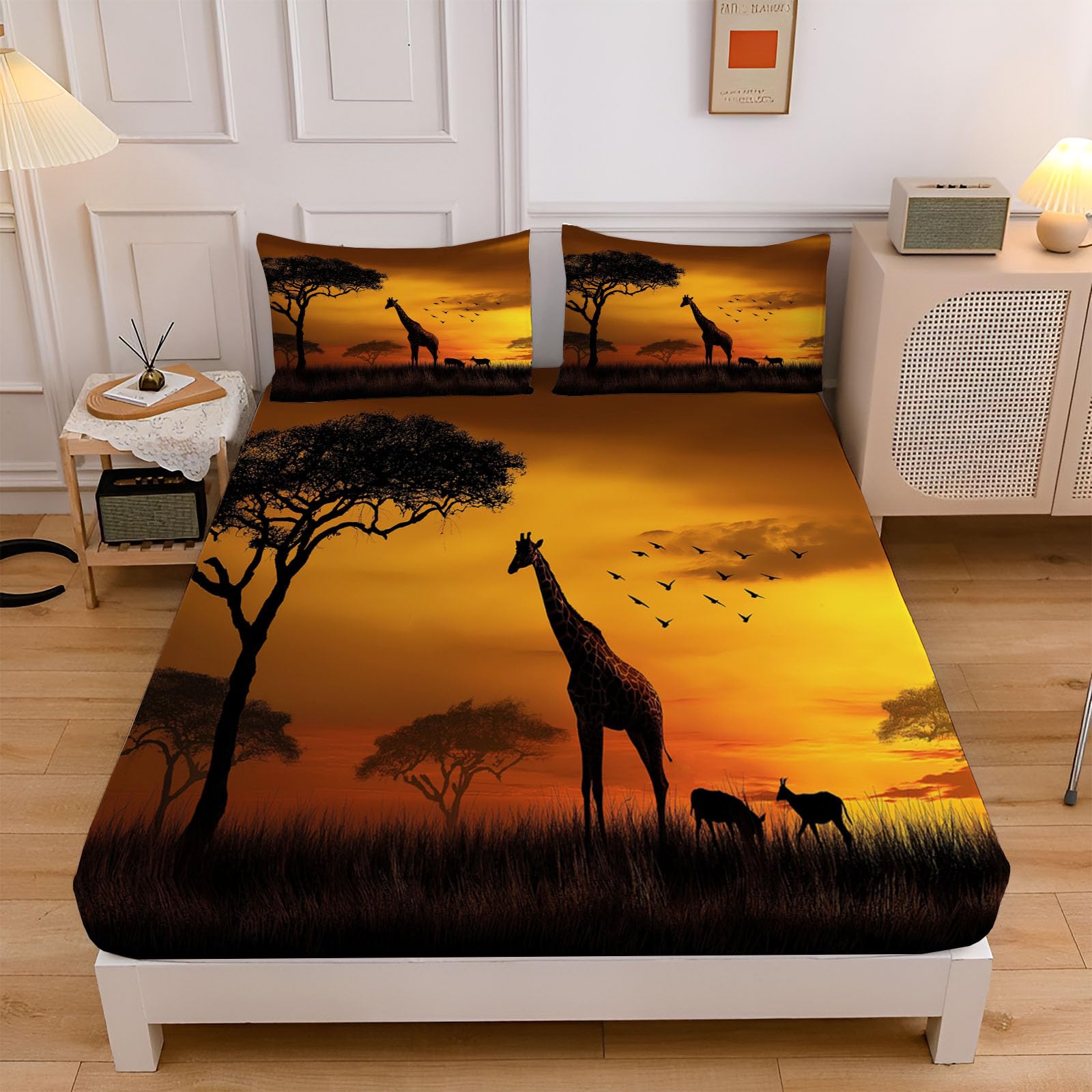 Sábana Bajera Ajustable De Jirafa De Sabana 200X190/200Cm, Juego De Ropa De Cama De Animales Africanos, Naranja Quemado, Sábana Bajera De Set (Sin Sábanas Encimera) Microfibra Suave Lavable