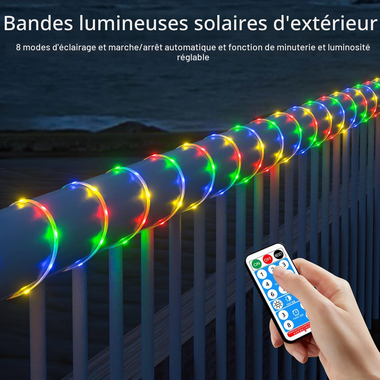 36M au total (3x12M) - Lot de 3 guirlandes lumineuses solaires pour extérieur, étanches, multicolores, lumières de jardin à variateur avec télécommande et 8 modes, bandes LED découpables pour