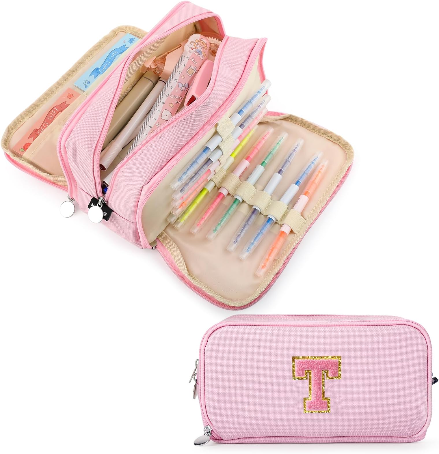 Nuozme Extra Large Capacity Pencil Case 3 Compartment Initial Pencil Pouch Personalized Cute Aesthetic Stationery Pen Case Bag for School Teen Girl Boy Men Women Gift (T, Pink)