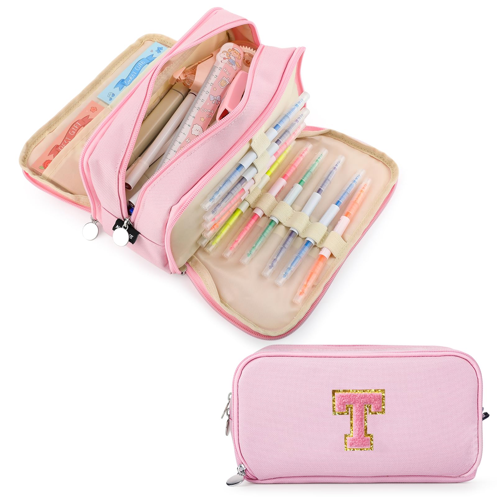 Extra Large Capacity Pencil Case 3 Compartment Initial Pencil Pouch Personalized Cute Aesthetic Stationery Pen Case Bag for School Teen Girl Boy Men Women Gift (T, Pink)