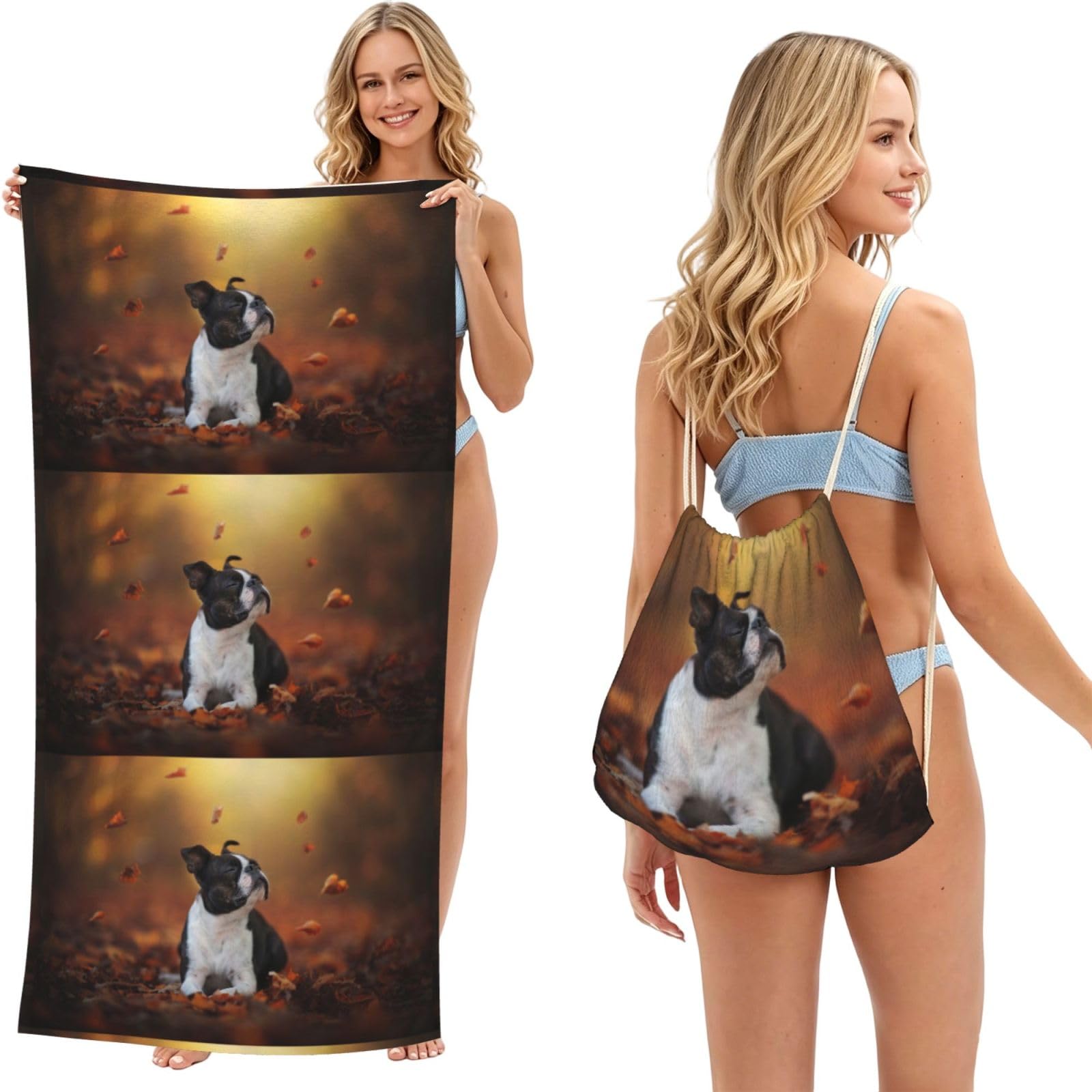 Poadnly As Picture Boston Terrier Autumn Bokeh Dogs Dogs, 2 In 1 Packable Towel Bag, Beach Towels With Drawstring Backpack For Travel Holiday Camping