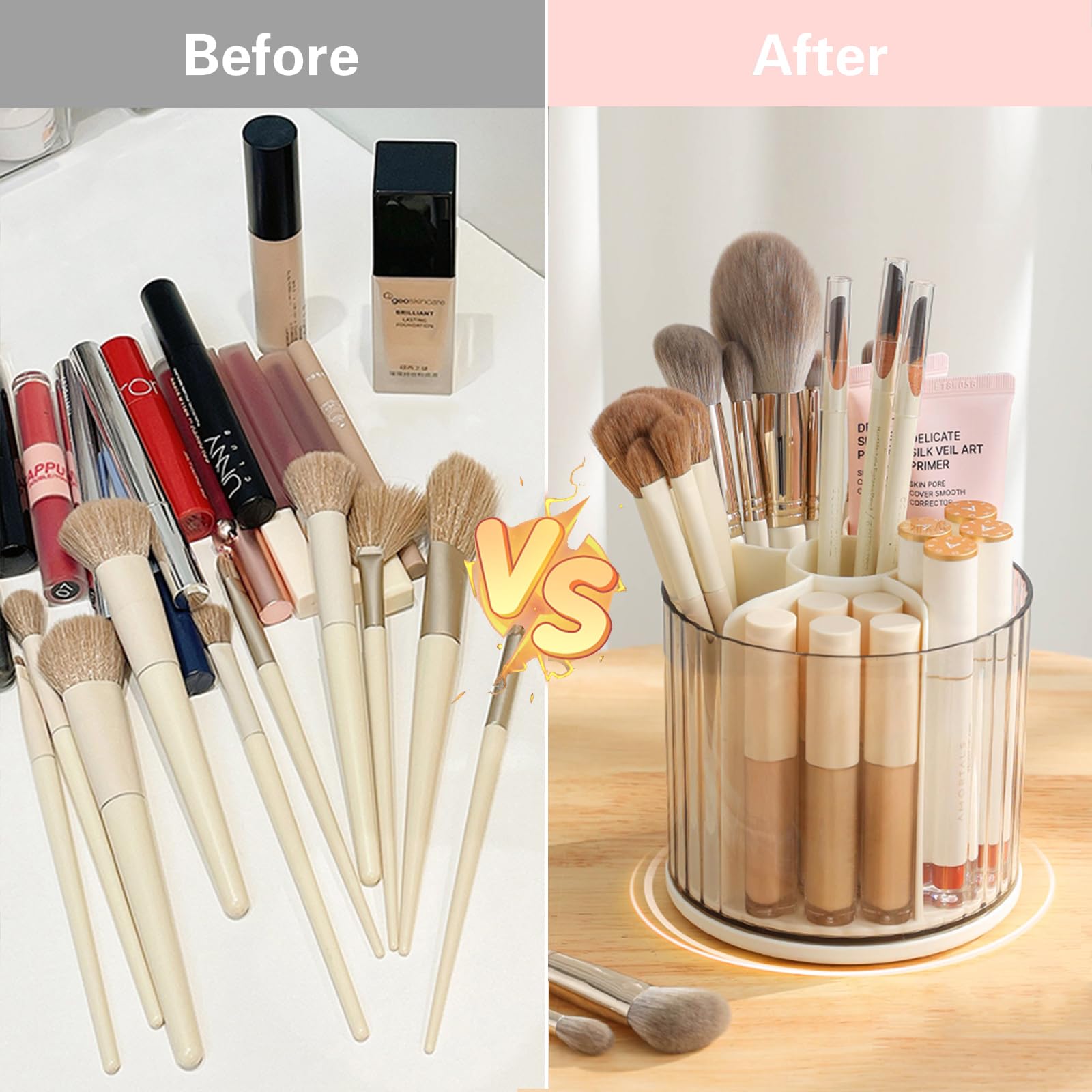 Lemical Soporte giratorio de 360° para brochas de maquillaje, soporte para lápices, caja de almacenamiento de cosméticos, 6 ranuras, organizador de bolígrafos de escritorio para el hogar, oficina,