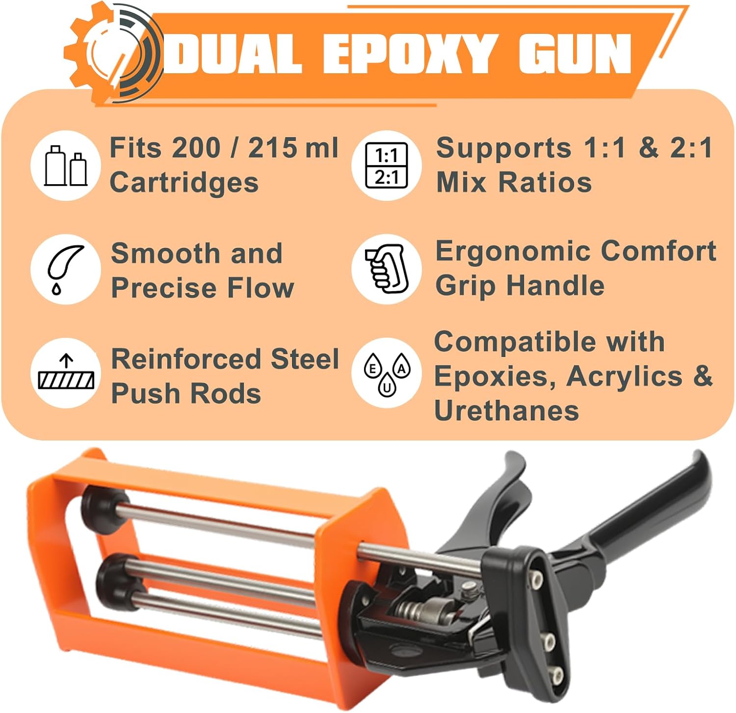Epoxy Gun Dual Cartridge 200 ml / 215 ml (1:1 & 2:1), Manual 2 Part Epoxy Gun for Panel Bonding Adhesive, Fillers, Structural Epoxy, Plastic & Fiberglass Repair