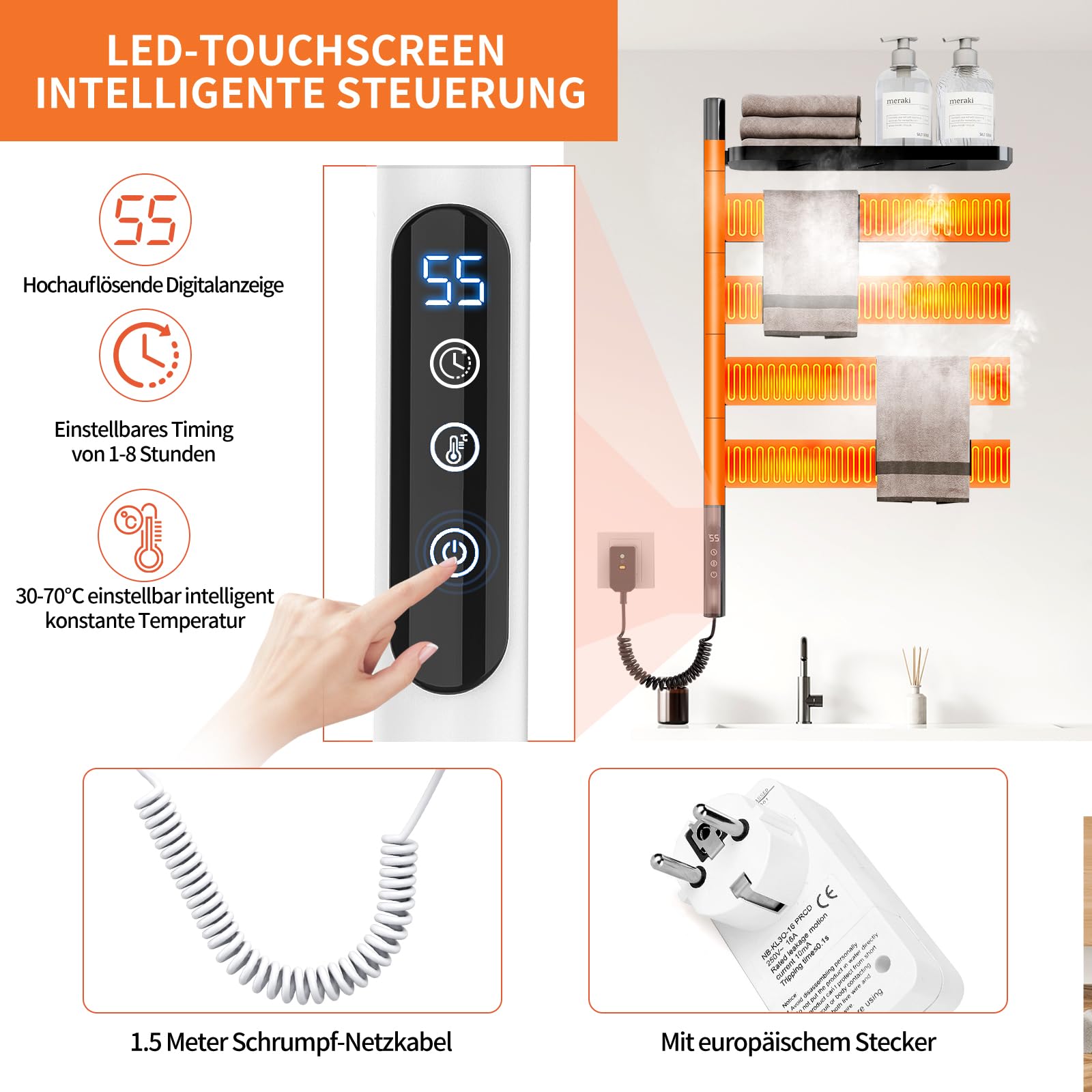ZOYI Drehung Handtuchheizkörper Elektrisch, Handtuchtrockner Elektrisch, Handtuchwärmer Elektrisch Handtuchhalter Heizkörper Elektrisch, elektrische handtuchheizung,220v,125w (Schwarz)