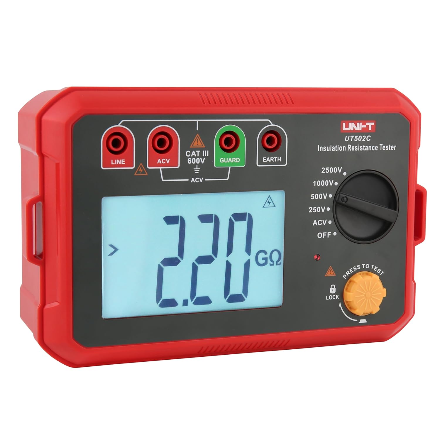 UNI-T Megohmmeter,UT502C Digital Insulation Resistance Tester,2.5KV-20GΩ megger Tester with 30V-75V AC Voltage Measurement Backlight Auto Range for Transformer, Cable Switch，Motors, HVAC Maintenance